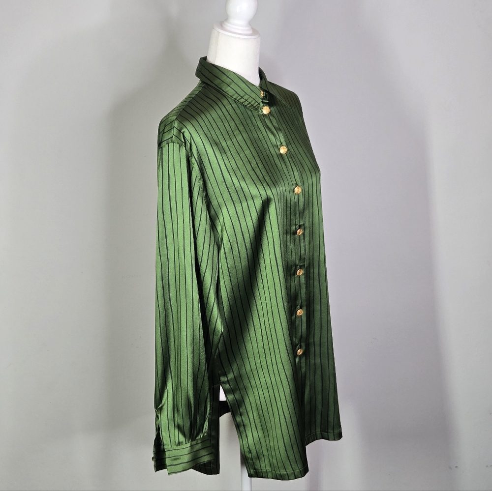 Vintage HORST  BASLER Green Striped Silk Blouse Size 38  US Size M/L